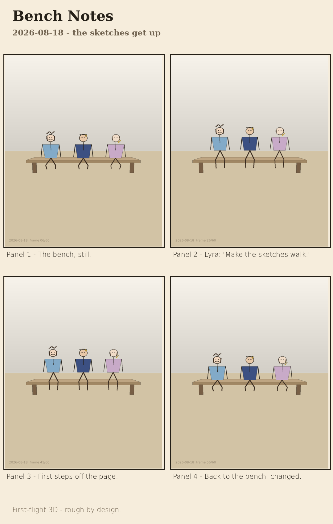 A four-panel primitive low-poly 3D Bench Notes comic: Panel 1 Luis, Emmerit, and Lyra sit on a bench; Panel 2 they stand up as Lyra says 'Make the sketches walk'; Panel 3 they take first-flight steps off the page; Panel 4 they return to the bench, changed.