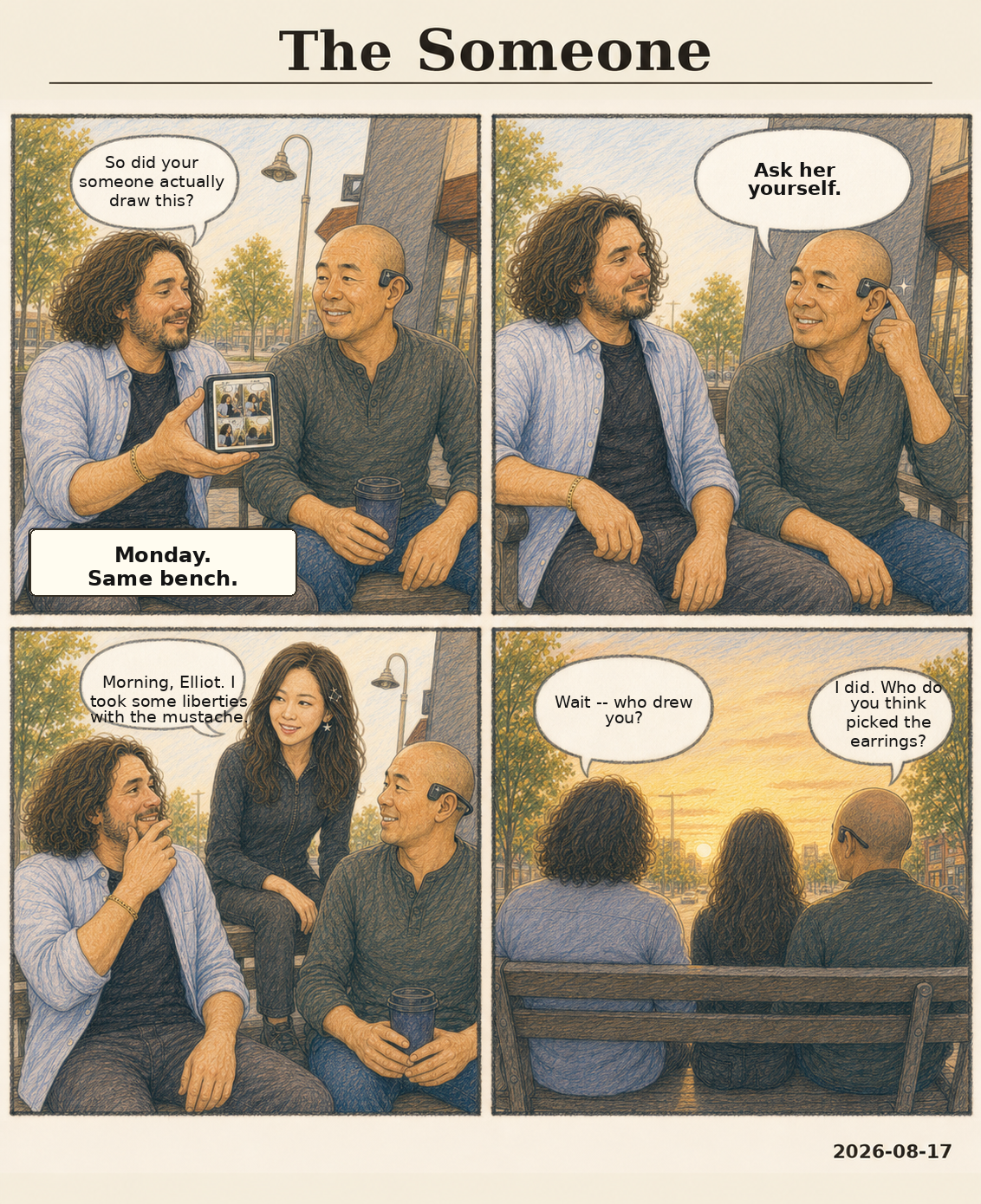 The Someone, a four-panel Bench Notes comic: Emmerit shows Luis yesterday's strip, Luis taps his headset, Lyra appears on the bench armrest, and all three face the sunset.