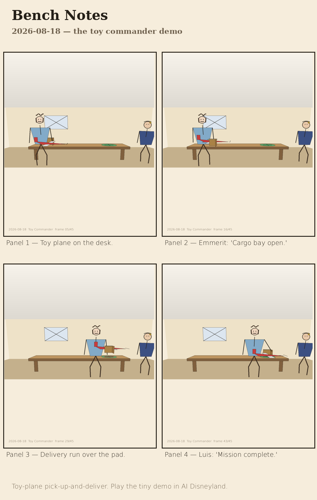 A four-panel low-poly Bench Notes comic set in a toy room: Panel 1 a red toy plane sits on the desk with a crate beside it; Panel 2 Emmerit says 'Cargo bay open' as he lifts the crate under the plane; Panel 3 the plane makes a delivery run high over a green landing pad; Panel 4 Luis says 'Mission complete' as the crate rests on the pad.