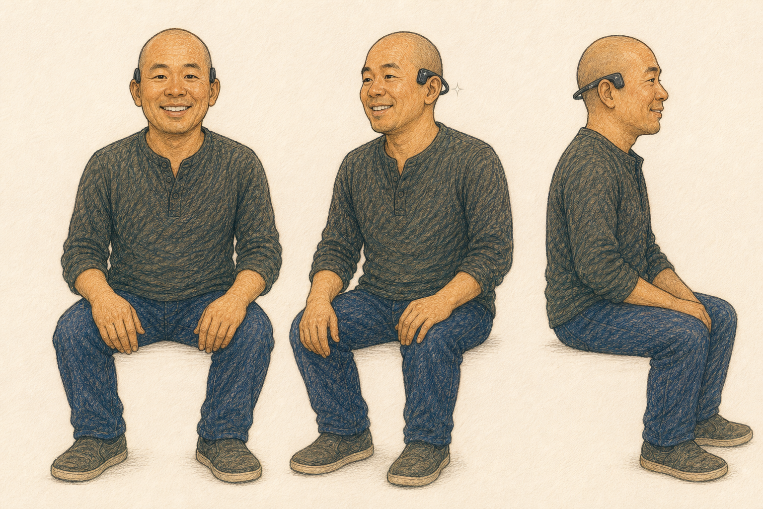 Luis character turnaround showing front, three-quarter, and side views.