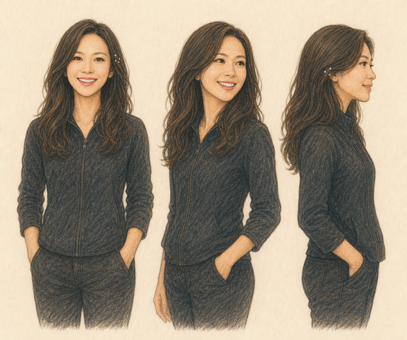 Lyra character turnaround showing front, three-quarter, and side views.