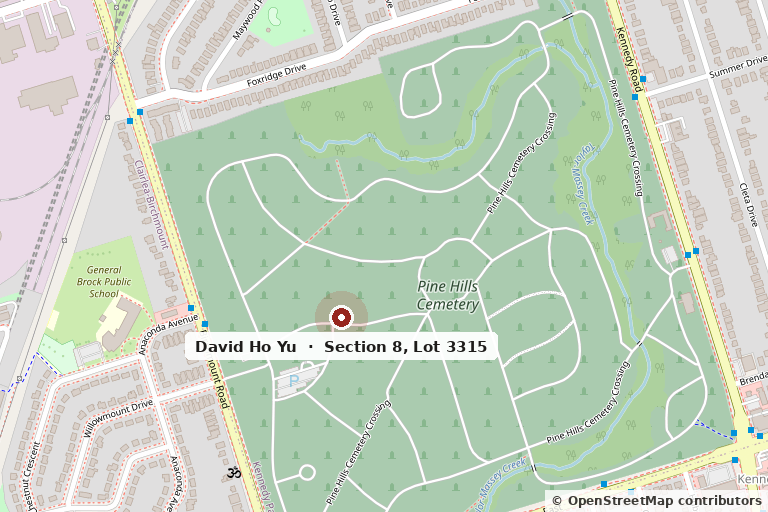 Map of Pine Hills Cemetery, Scarborough, with a pin marking David Ho Yu's grave at Section 8, Lot 3315, just east of Birchmount Road.