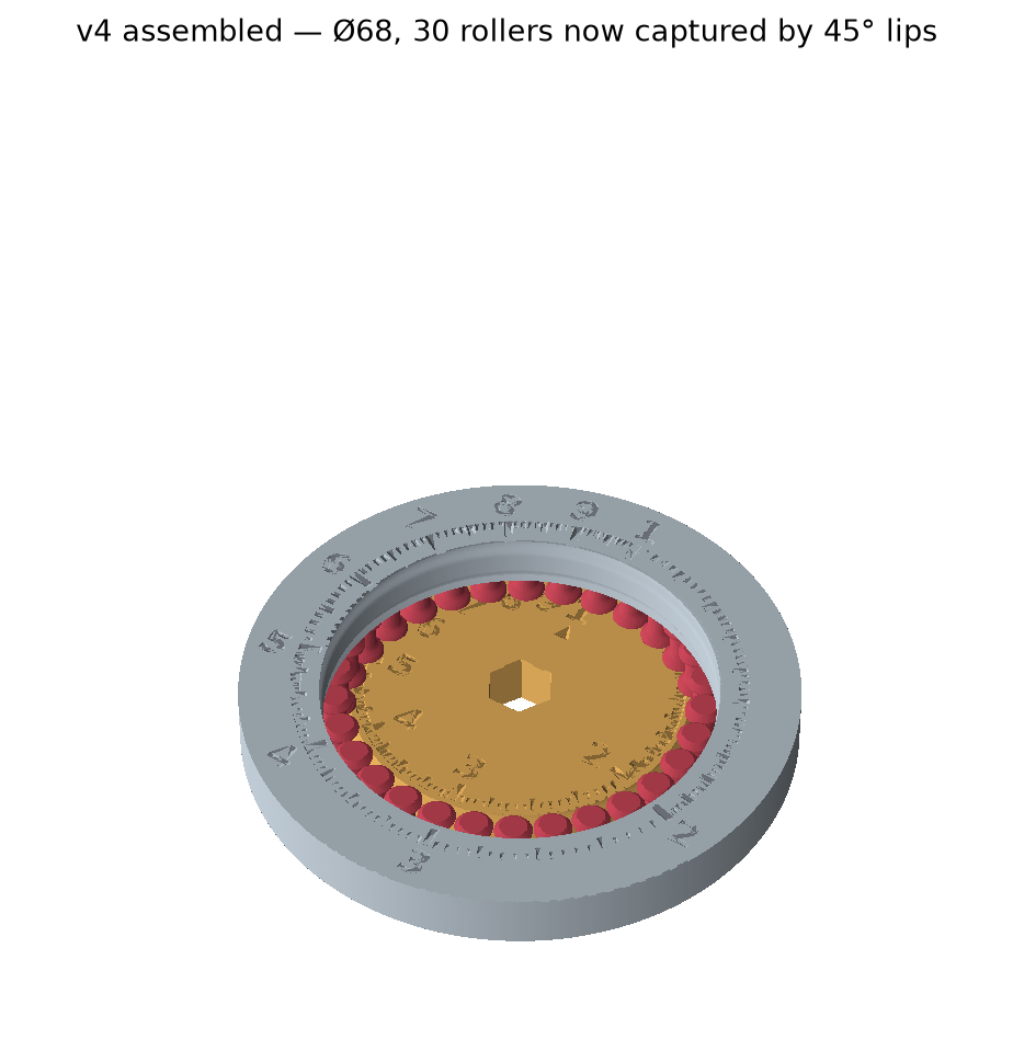 Isometric render of the assembled v4 spinner showing the outer ring, the rotor and the thirty rollers between them